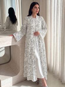 Yasmyna Elegant Printed Headscarf Long Sleeve Flared Women's Abaya - Black and White - View 4