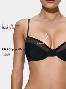 SHAPORA Solid Color Mesh Patchwork Sexy Minimalist Lingerie Bra, Underwire Push-Up Enhances Cleavage, Prevents Sagging - Black - View 1