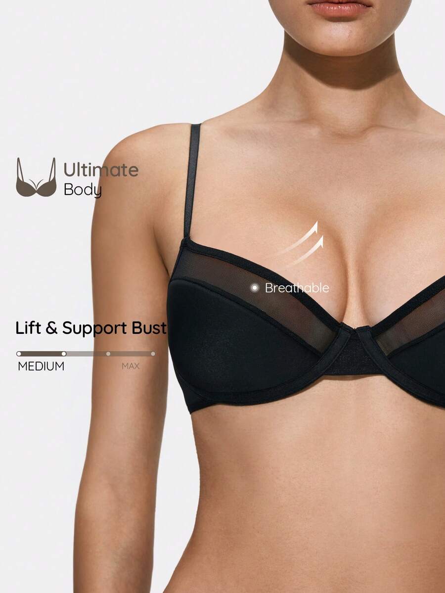 SHAPORA Solid Color Mesh Patchwork Sexy Minimalist Lingerie Bra, Underwire Push-Up Enhances Cleavage, Prevents Sagging - Black - View 1