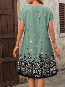 EMERY ROSE Women's V-Neck Short Sleeve Floral Print Midi Dress - Green - View 2