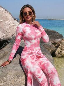 Swim Mulvari 印花布料優雅保守度假風女款泳衣套裝 - 粉色 - 查看 4