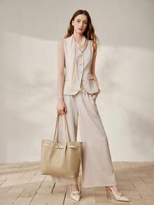 MOTF WOMEN'S FASHION APRICOT TOTE BAG, EXQUISITE STRAPS, RETRO WOVEN EMBOSSED MATERIAL SHOULDER BAG, LARGE CAPACITY COMMUTER BAG - Apricot - View 10
