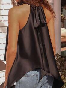 juhmazzocco Olive Green Satin Halter Neck Backless Loose Maxi Dress, Sexy A-Line Top Black Summer - Black - View 4