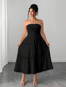 Elenzga Women's Strapless Cinched Waist Ruffle Trim Patchwork A-Line Textured Elegant Vacation Summer Plus Size Dress - Black - View 3