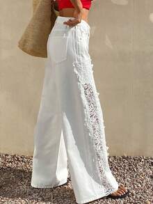 Livesso Jeans de unicolor para mujer con parches de encaje - Blanco - Ver 2