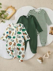 SHEIN 3 piezas mameluco de manga larga con pies para bebé recién nacido niño niña lindo tejido casual con estampado de dibujos animados 3 piezas ropa de casa unisex ropa de bebé ropa de invierno para bebé - Multicolor - Ver 4