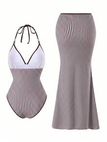 Swim Oasis Premium Striped Print Colorblock Spaghetti Strap Halter One-Piece Swimsuit With Long Striped Skirt 2pcs Set - Coffee Brown - View 3