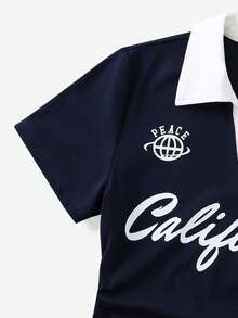 Casuvi Kids 青少年女孩休閒運動套裝，配色拼接 Polo 領小刺繡百褶腰短袖上衣，搭配寬腿垂墜長褲 - 藏蓝色 - 查看 6