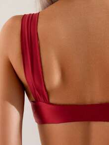 Swim Basics 女款夏季海灘素色百褶比基尼極簡上衣 - 紅色 - 查看 5