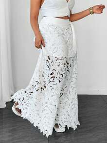 Maweii Plus Size French Romantic Style White Floral Hollow Lace Wide Leg Pants Vacation Style Cinched Waist Slimming Trousers - White - View 4