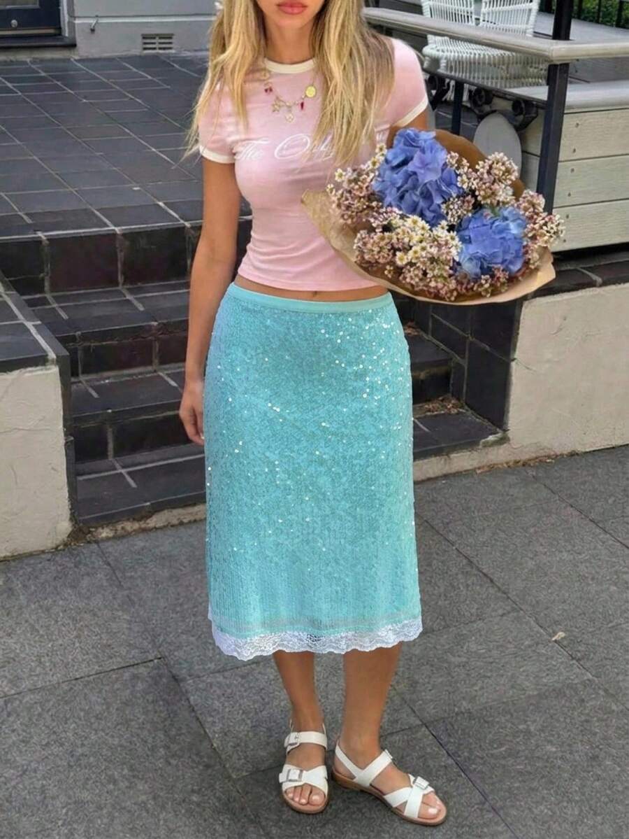 Aloruh Falda casual de vacaciones para mujer con patchwork de encaje y lentejuelas - Azul - Ver 1