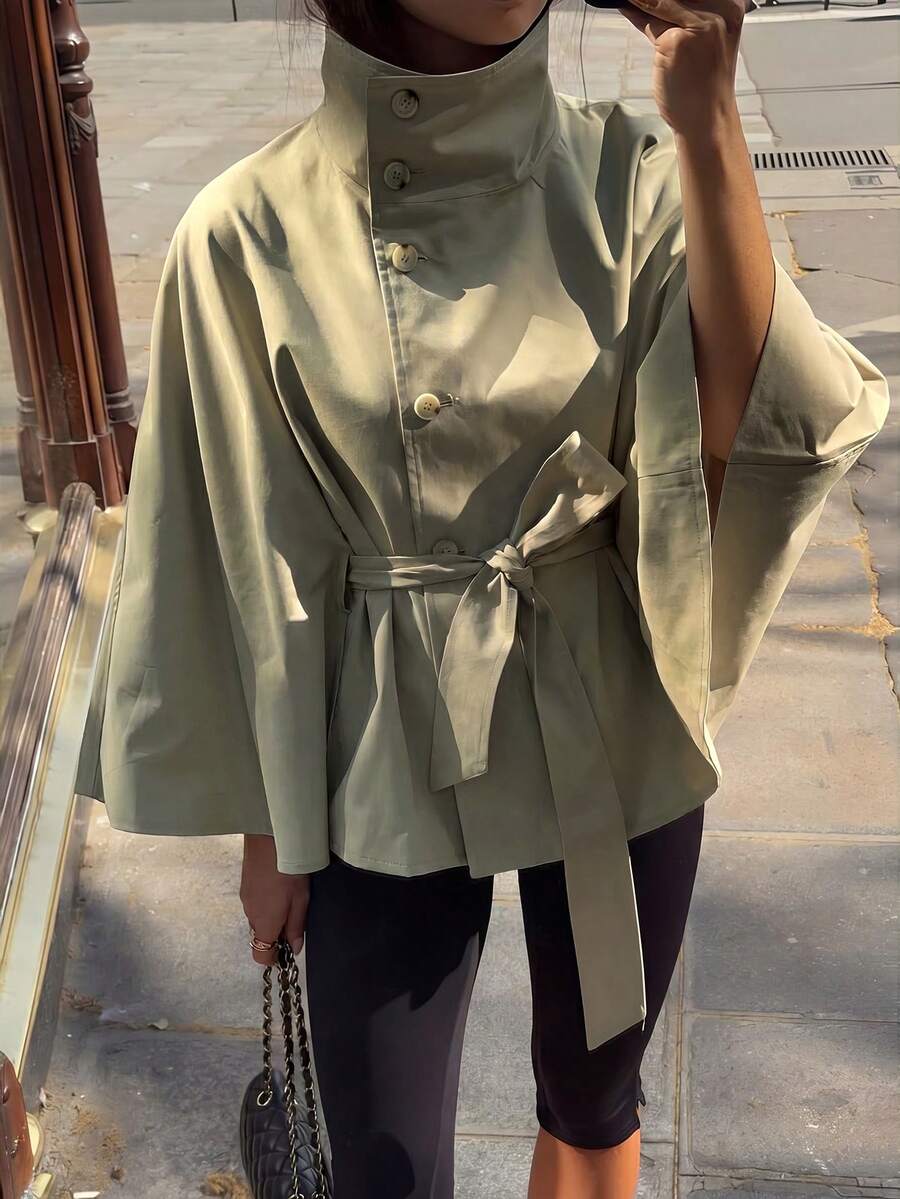 Firerie 女款秋季休閒法式優雅修身街頭風都市通勤辦公教師節雙排扣繫帶寬鬆卡其色披風式風衣