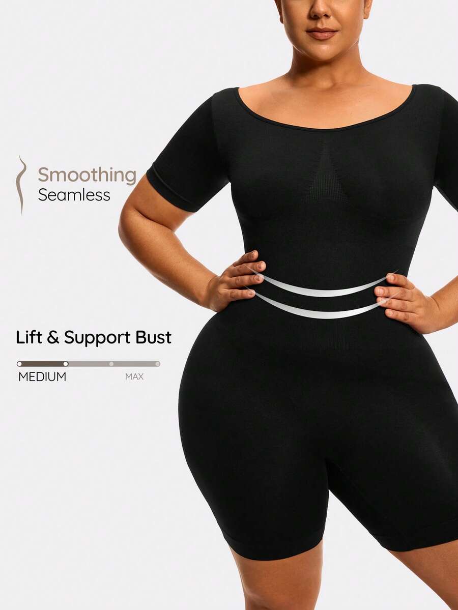 SHAPORA Plus Size Seamless Mid Thigh Unitard Romper Body Shaper Bust&Butt Lifter-Tummy Waist Arm Control - Black - View 1