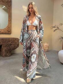 SHEIN طقم من قطعتين، طباعة نباتية، جاكيت كيمونو طويل، بنطال واسع الساق، ملابس منتجع، بطانية شاطئ للعطلات، بوهيمي استوائي بيج صيفي - متعدد الألوان - مشاهدة 4