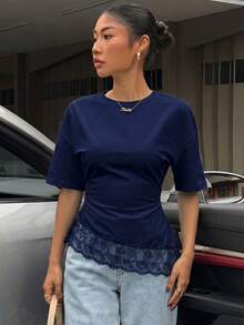 Muchica 女款素色休閒百搭日常短袖T恤 - 藏蓝色 - 查看 7