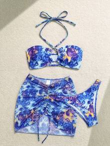 Soleia 女款夏季海灘掛脖綁帶性感比基尼三角褲兩件式泳衣套裝附裙子 - 寶藍色 - 查看 3