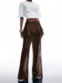 LYSMO Women's Solid Color Contrast Lace 2 In 1 Fashion Long Pants Night Party Vacation Dark Brown Summer Disco Sexy Y2k - Coffee Brown - View 5