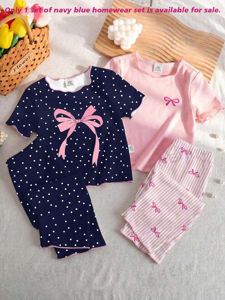 Baby Girls New Fashion Hot-Selling Bowknot Pattern Polka Dot Print Knit Ruffle Trim Round Neck Top With All-Over Print Long Pants 2-Piece Set Loungewear 1Set - White - View 1