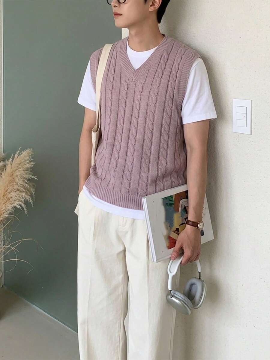 Claim Dot 男士时尚休闲绞花针织V领背心 - 淡紫色 - 查看 1