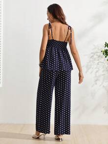 SHEIN Setelan Hamil 2 Potong: Atasan Tank Top Motif Polkadot dengan Tali Ikat dan Celana Panjang Longgar dengan Pinggang yang Dapat Diatur - Navy Blue - View 6