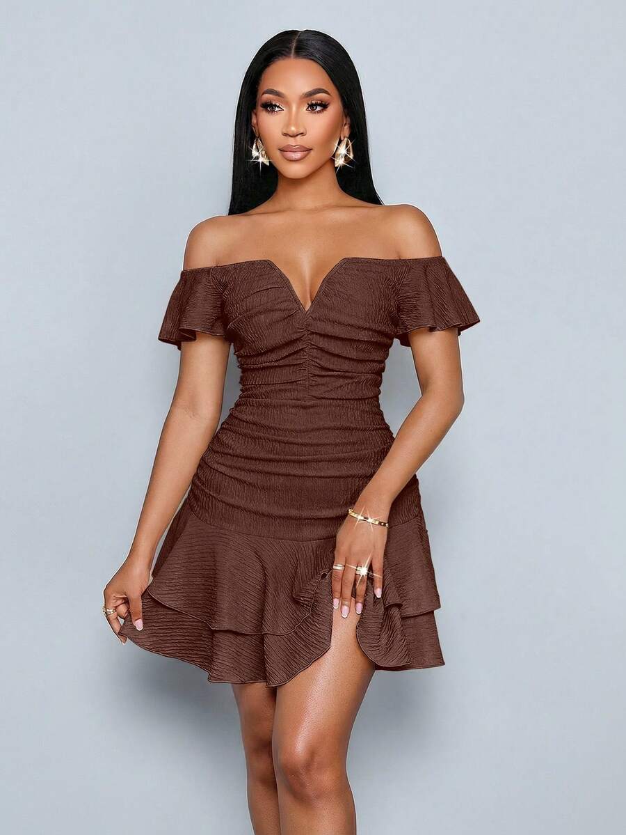SOLERSUN Women's Fashionable Elegant V-Neck Off Shoulder Ruffle Sleeve Textured Mini Dress – Ruffle Sleeve Ruched Bodycon Double Ruffle Hem Party Dress For Club & Date Night,Women Ruffle Sleeve Ruched Bodycon Double Ruffle Hem Party Club Dress
