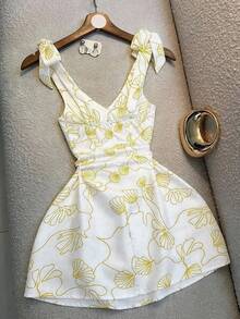 Nuevo vestido elegante con estampado, cuello en V y cintura con lazo - Amarillo - Ver 2