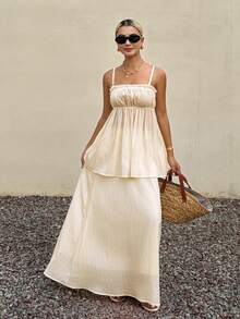 Livesso Summer Textured Plaid Camisole Top Skirt Set Wedding Vacation Casual Tropical Boho Beach Elegant Women's 2-Piece Outfit White Polka Dot - White - View 3
