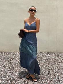 Livesso Damen Sommer V-Ausschnitt Blau Spitze Patchwork mehrlagig gerafft locker Bohemian Urlaubs-Kleid - Grau - Übersicht 6
