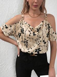 SHEIN Clasi Allover Print Cold Shoulder Chain Detail Blouse Off Shoulder Top - Khaki - View 3