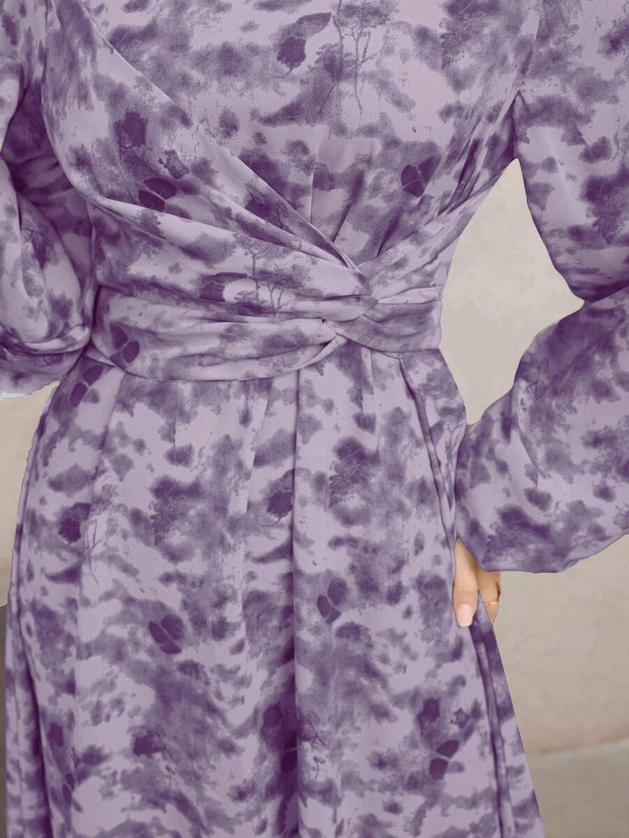 Veilorie 女款優雅滿版印花扭腰燈籠袖洋裝 - 淺灰紫 - 查看 1