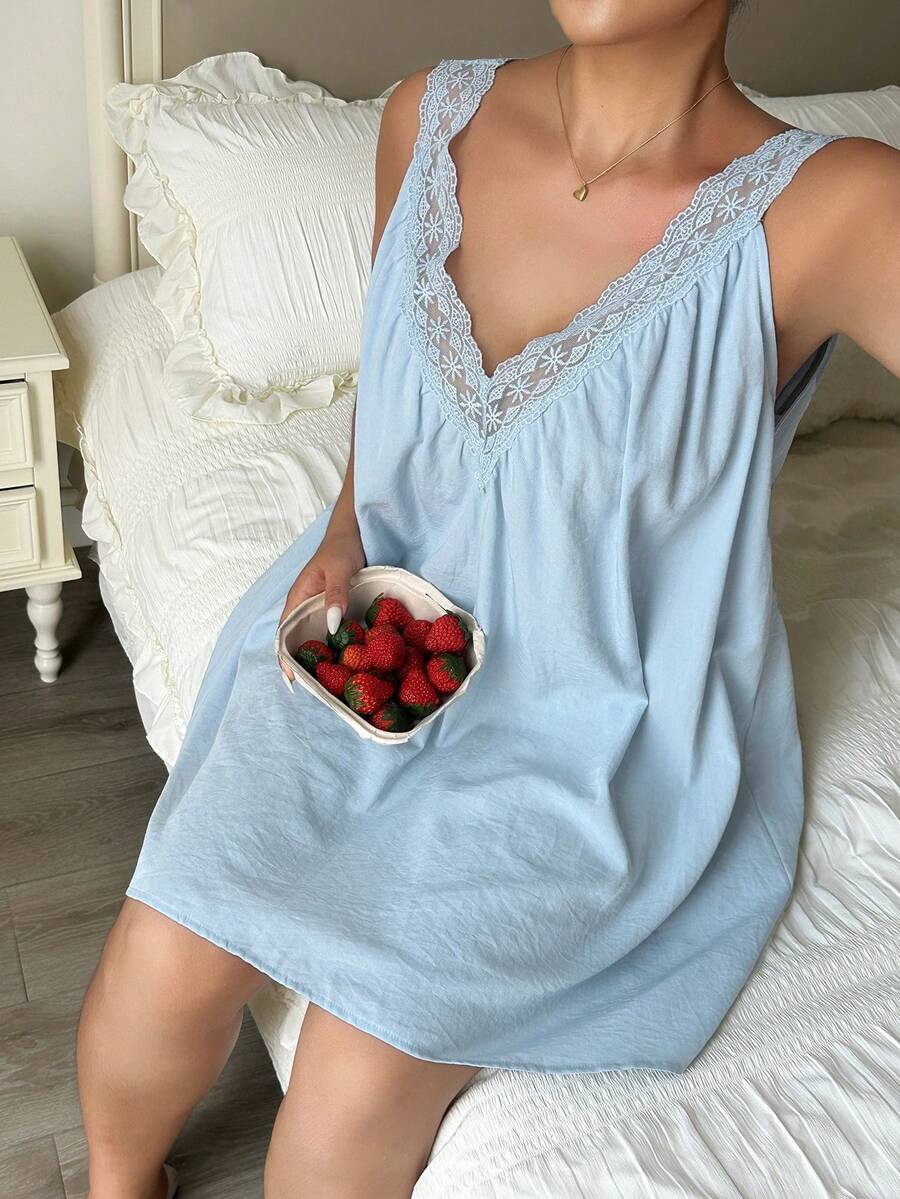 Dazy Plus Contrast Lace V-Neck Blue Elegant Casual Knee-Length Home Wear Plus Size Women's Nightgown Spring Summer - Baby Blue - View 1