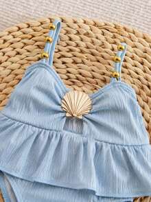 SHEIN Baby Girl One-Piece Swimsuit,Holiday Cute Polyester Swimwear For Young Girls,Fashionable White Ruffle Monokini With Seashell Frilled Bathing Suit - Blue - View 5