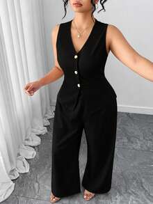 SHEIN Tall CURVE Conjunto Plus Size Feminino 2 Peças Elegante Cor Sólida Decote em V Colete Blazer Sem Mangas e Calça Longa Reta, Adequado para Uso Profissional e Deslocamento - Preto - Visão 7