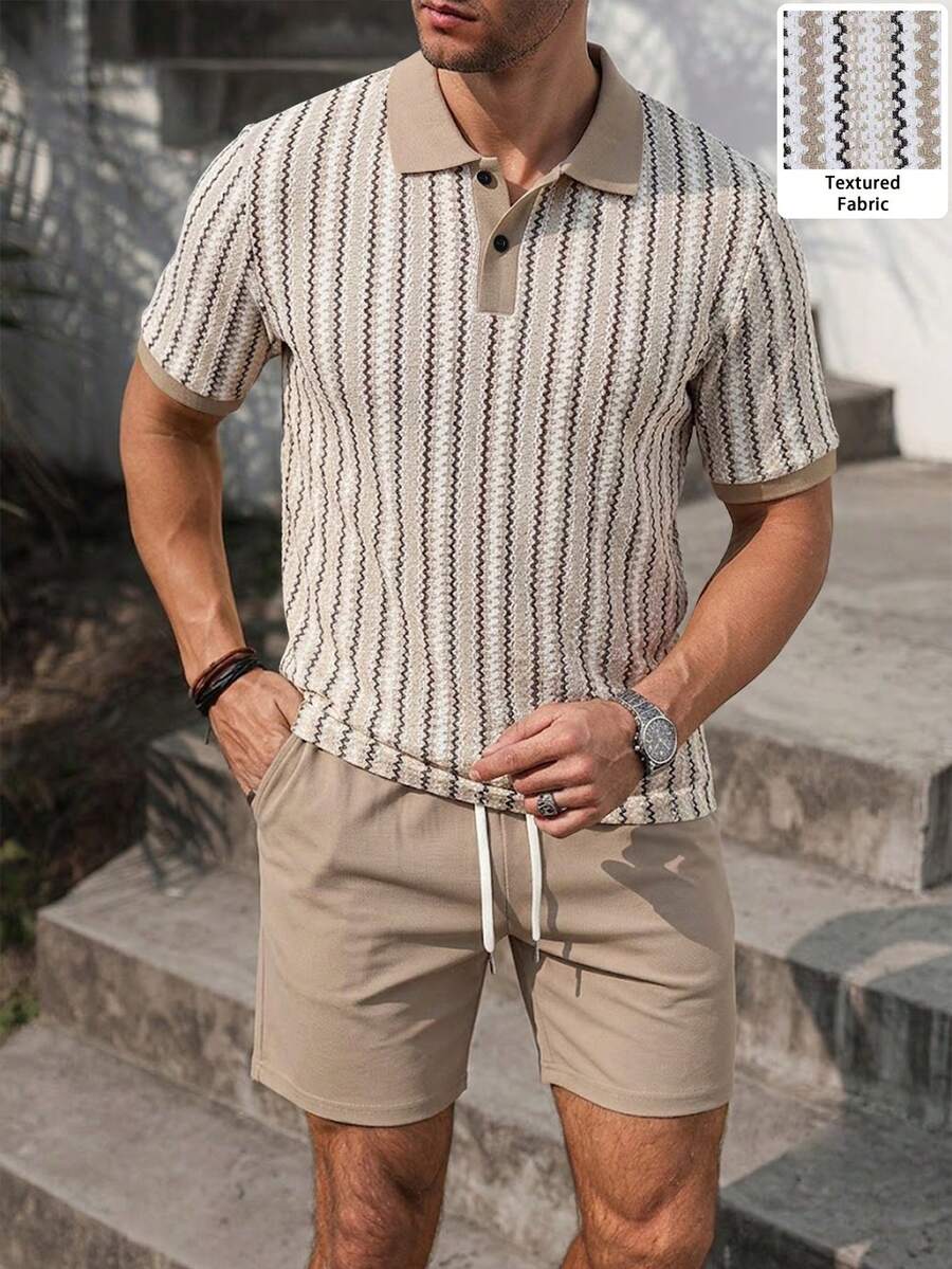 VENTUSAIL 男士條紋拼接短袖 Polo 衫與短褲休閒日常穿搭套裝 - 杏色 - 查看 1