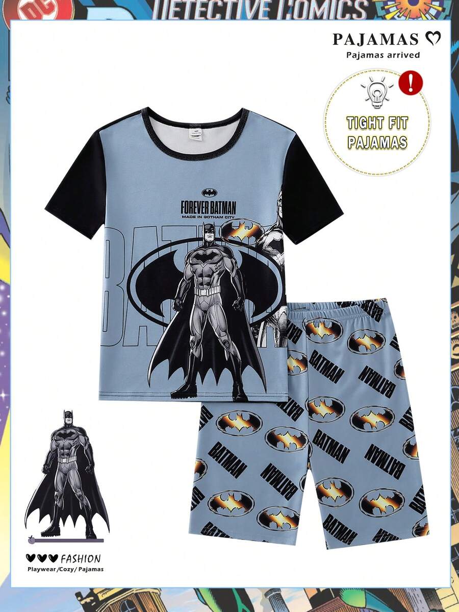 BATMAN X SHEIN GraphicGems 青少年男孩字母印花圓領短袖上衣與短褲套裝 - 灰色 - 查看 1