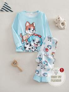SHEIN Young Boy Cartoon Print Crew Neck Long Sleeve Top And Elastic Waist Long Pants Loungewear Set - Baby Blue - View 1
