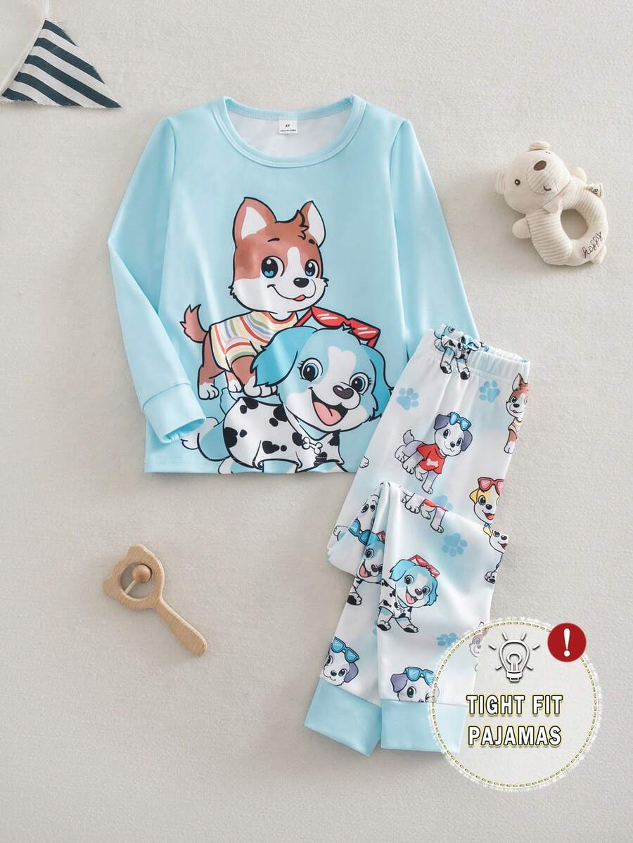 SHEIN Young Boy Cartoon Print Crew Neck Long Sleeve Top And Elastic Waist Long Pants Loungewear Set - Baby Blue - View 1
