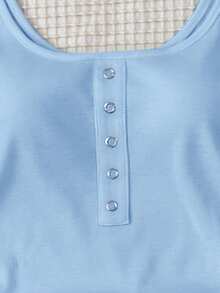 SHEIN Top de tirantes blanco básico con puntos y textura acanalada para adolescentes, con botón de metal, estilo casual versátil, cuello en U profundo y espalda nadadora - Azul - Ver 5