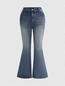ROMWE Grunge Punk Y2k Hot Girl Retro Cross Wings Embroidered Rhinestone Plus Size Women's Flare Jeans - Blue - View 2