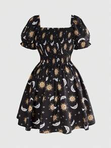 ROMWE Hippie Fairycore Vintage Mori Style Sun Moon Star Print Pattern Square Neck Spaghetti Strap Puff Sleeve Elastic Waist Plus Size Short Dress - Black - View 2