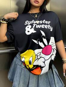 LOONEY TUNES X SHEIN 大码女式休闲可爱卡通字母图案落肩宽松黑色 T 恤，夏季大码图案 T 恤大码女式 T 恤崔弟和西尔维斯特卡通 T 恤女式大码卡通 T 恤，街头服饰 - 深灰色 - 查看 8