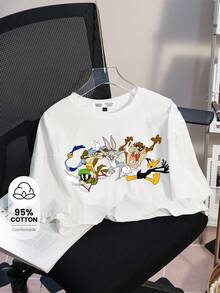 LOONEY TUNES X SHEIN 女士卡通印花圆领短袖 T 恤 - 白色 - 查看 3