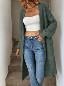 SHEIN Tall CURVE Plus Size Drop Shoulder Ribbed Knit Duster Cardigan,Long Sleeve Tops Long Cardigan For Women Plus Size Cardigan Curve Cardigan Tall Curve Cardigan In Fall/Winter - Green - View 4