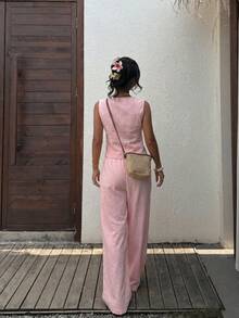 SHEIN EZwear 女士浅粉色纽扣亚麻吊带背心和抽绳腰长裤套装 - 淺粉色 - 查看 2