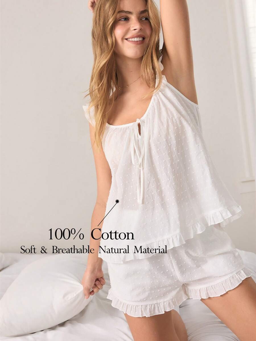 Ocili 100% Cotton Embroidered Soft & Comfortable Bow Pajama Set For Women - White - View 1
