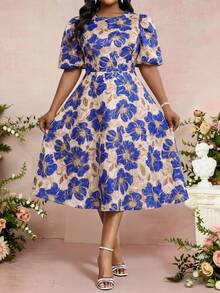 Fleurora Plus Size Elegant Blue Floral Jacquard Dress For Women,Beige Summer Wedding Guest Party Brocade Petal Puff Sleeve French Style Tea Dress - Multicolor - View 5