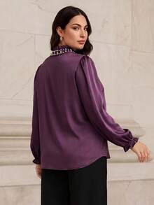 Graceveil Elegant Solid Color Ruffle Collar Long Sleeve Fitted Plus Size Blouse, Suitable For Spring And Autumn Elegant Blouse For Women Vacation - Purple - View 2