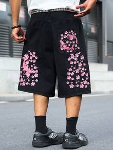 Manfinity EMRG 男士街頭風休閒刺繡黑色牛仔短褲 - 黑色 - 查看 5