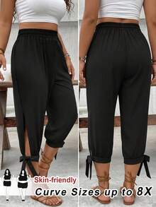 SHEIN CURVE+ Plus Size Women's Cool Fabric Black 7-Inch Pants Formal Vacation Summer Casual - Black - View 10