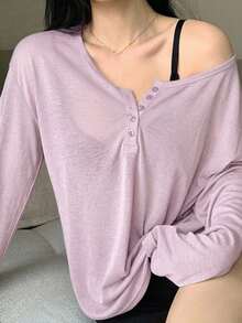 Dazy Plus Camiseta de manga larga con cuello redondo grande y abertura frontal parcial, unicolor, primavera/verano - Púrpura malva - Ver 1